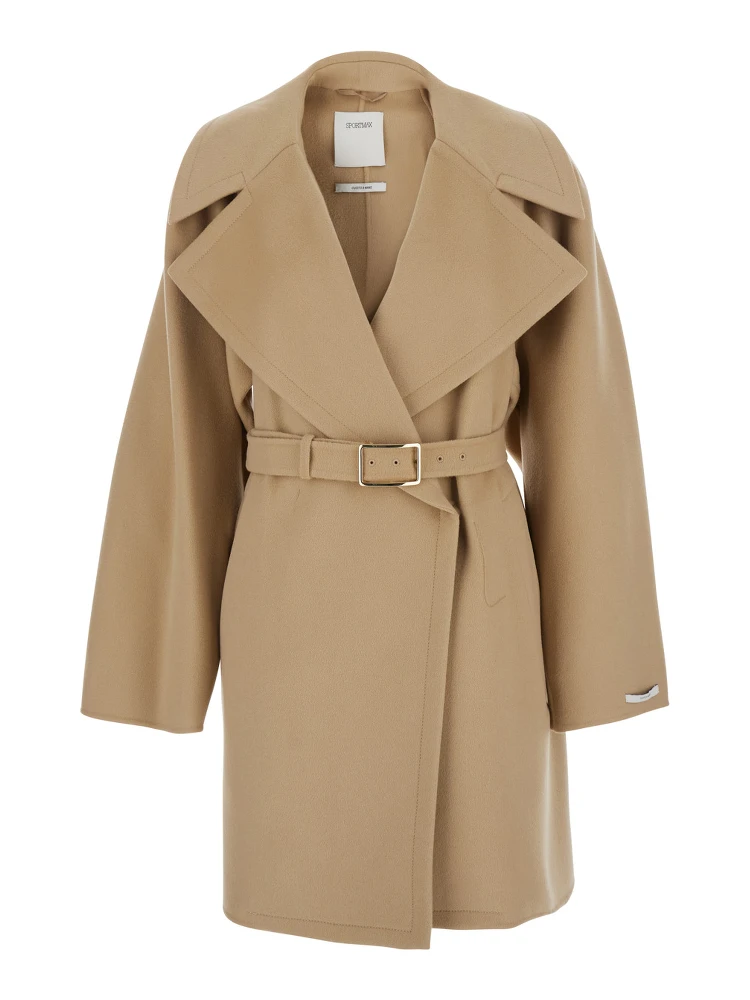 Beige Coat with Wide Classic Lapels and Waist Belt in Wool Woman