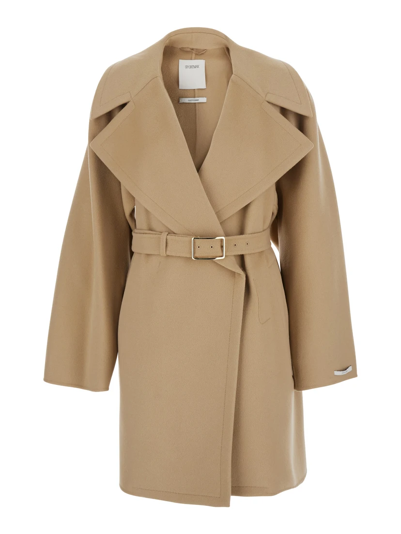 Beige Coat with Wide Classic Lapels and Waist Belt in Wool Woman