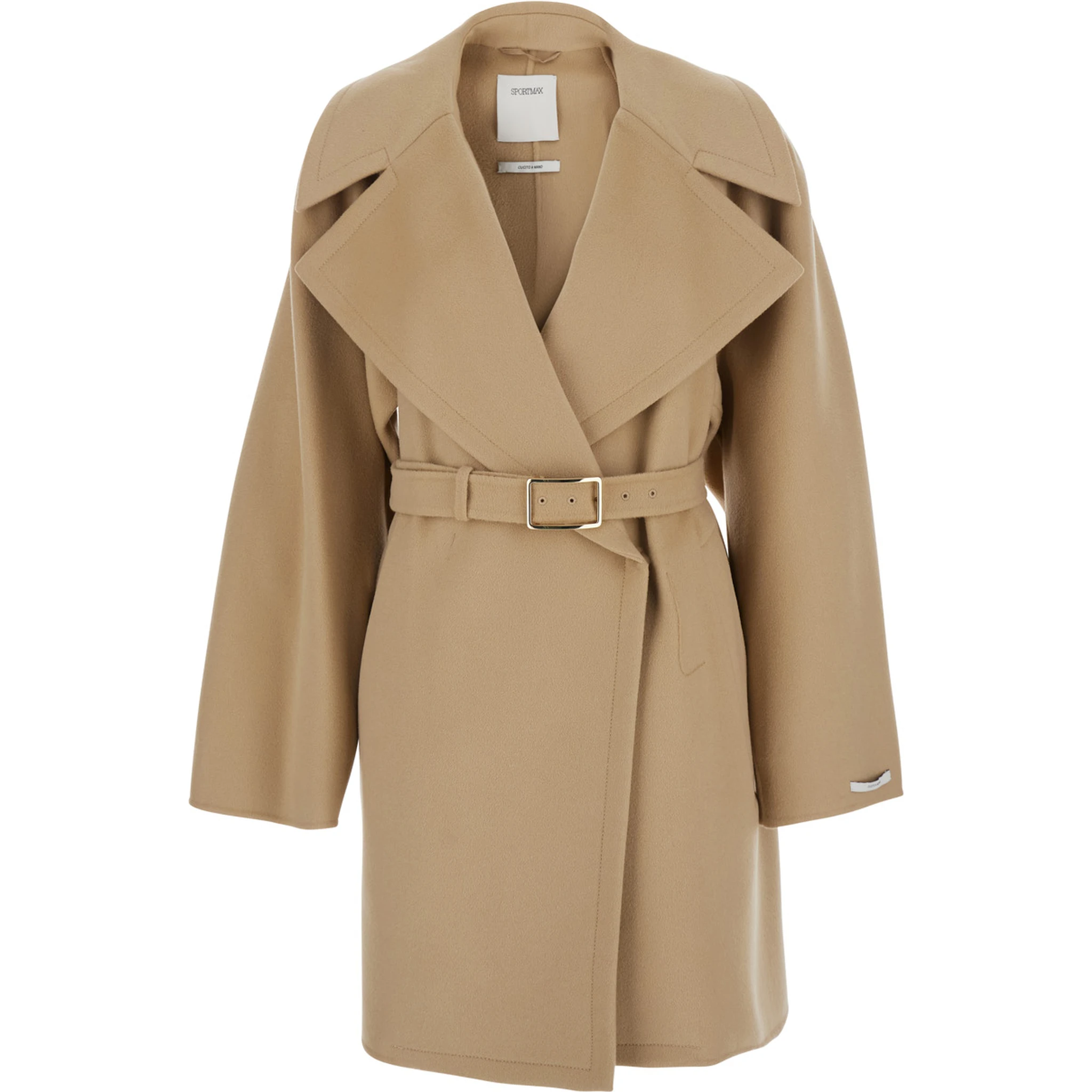 Beige Coat with Wide Classic Lapels and Waist Belt in Wool Woman