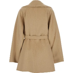 Beige Coat with Wide Classic Lapels and Waist Belt in Wool Woman