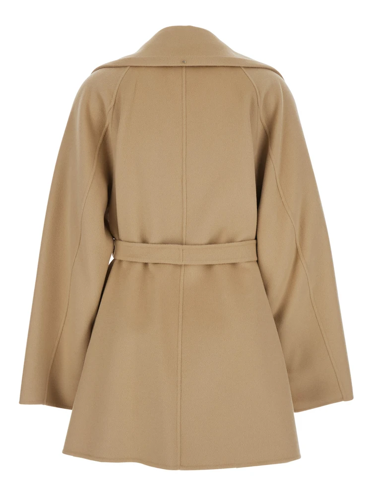 Beige Coat with Wide Classic Lapels and Waist Belt in Wool Woman alternative