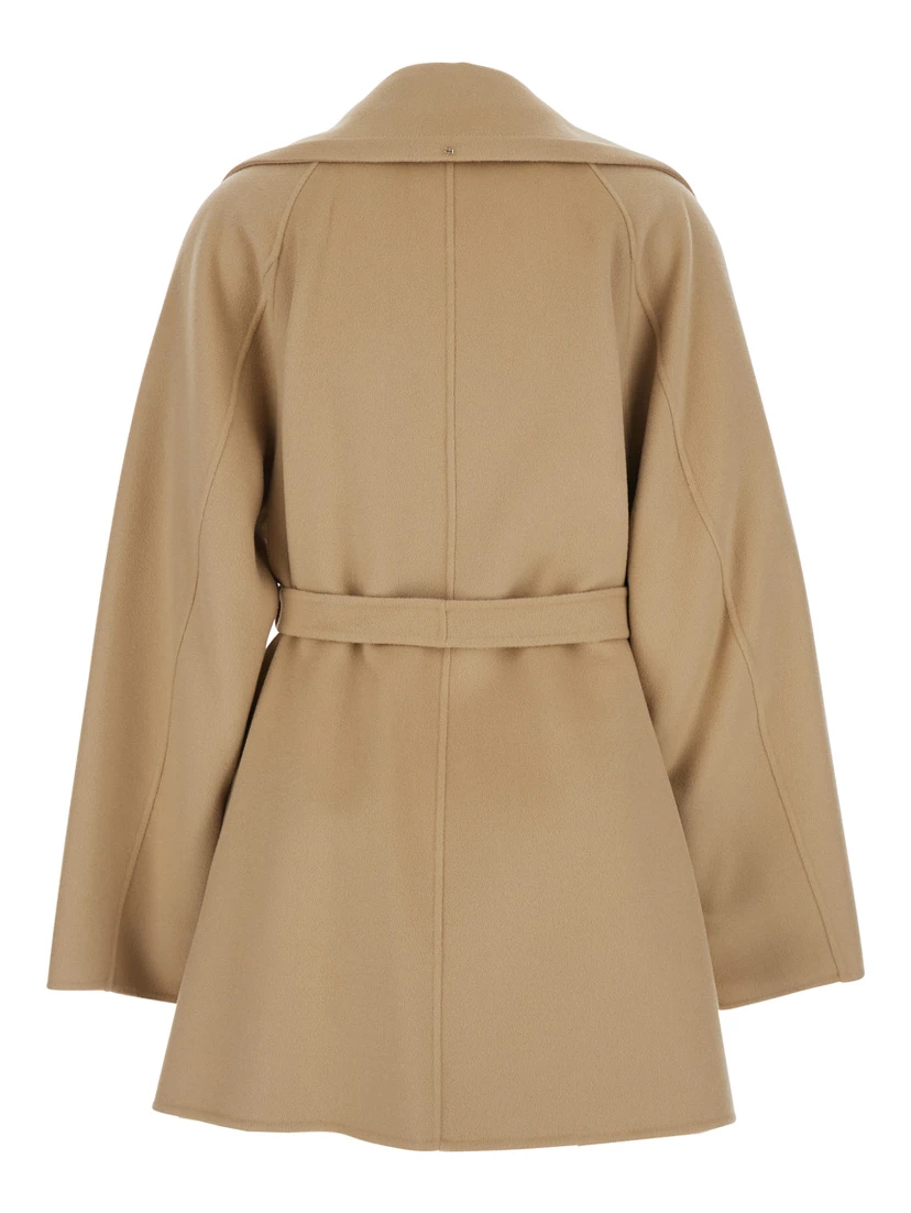 Beige Coat with Wide Classic Lapels and Waist Belt in Wool Woman