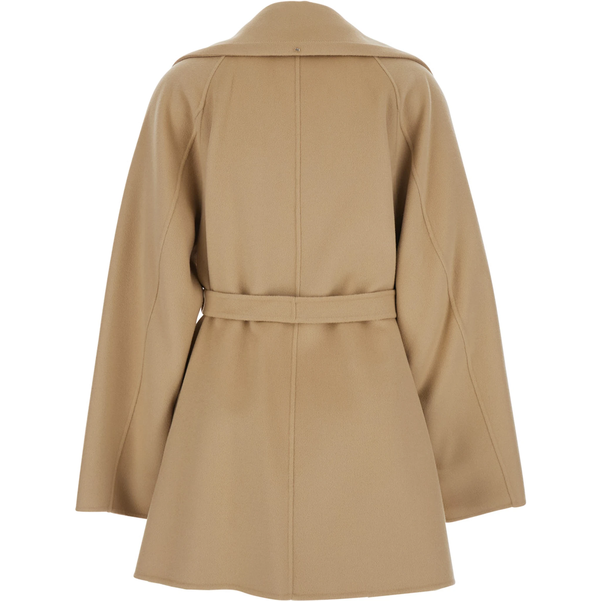 Beige Coat with Wide Classic Lapels and Waist Belt in Wool Woman