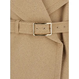 Beige Coat with Wide Classic Lapels and Waist Belt in Wool Woman