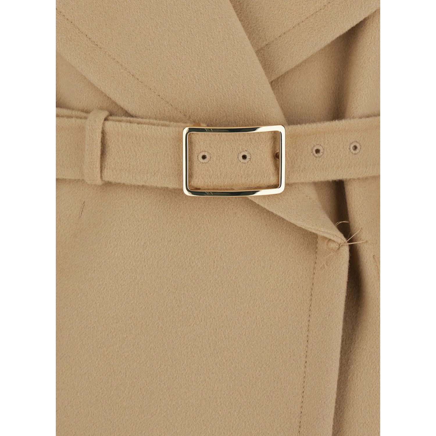 Beige Coat with Wide Classic Lapels and Waist Belt in Wool Woman