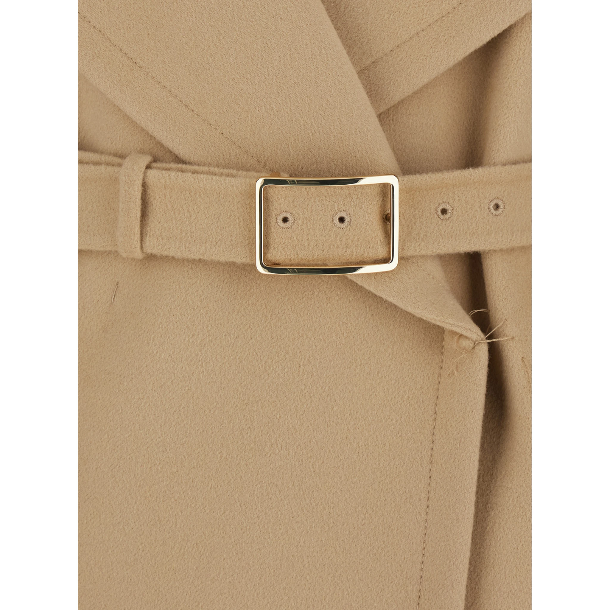 Beige Coat with Wide Classic Lapels and Waist Belt in Wool Woman