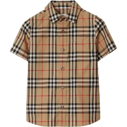 Beige Shirt with All-Over Check Motif in Stretch Cotton Boy