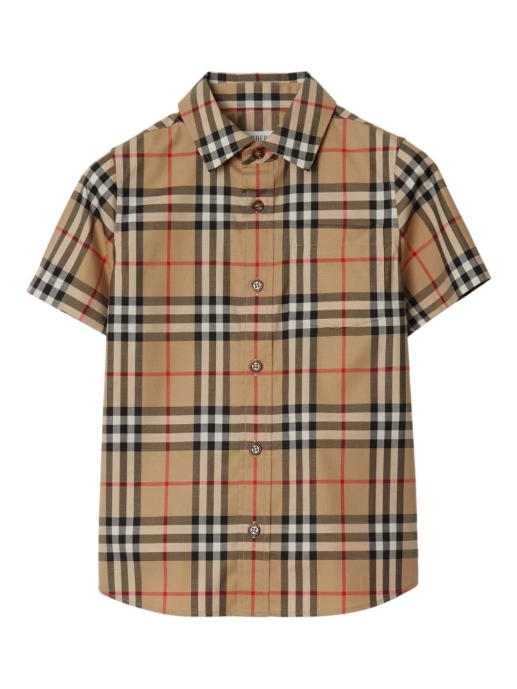 Beige Shirt with All-Over Check Motif in Stretch Cotton Boy