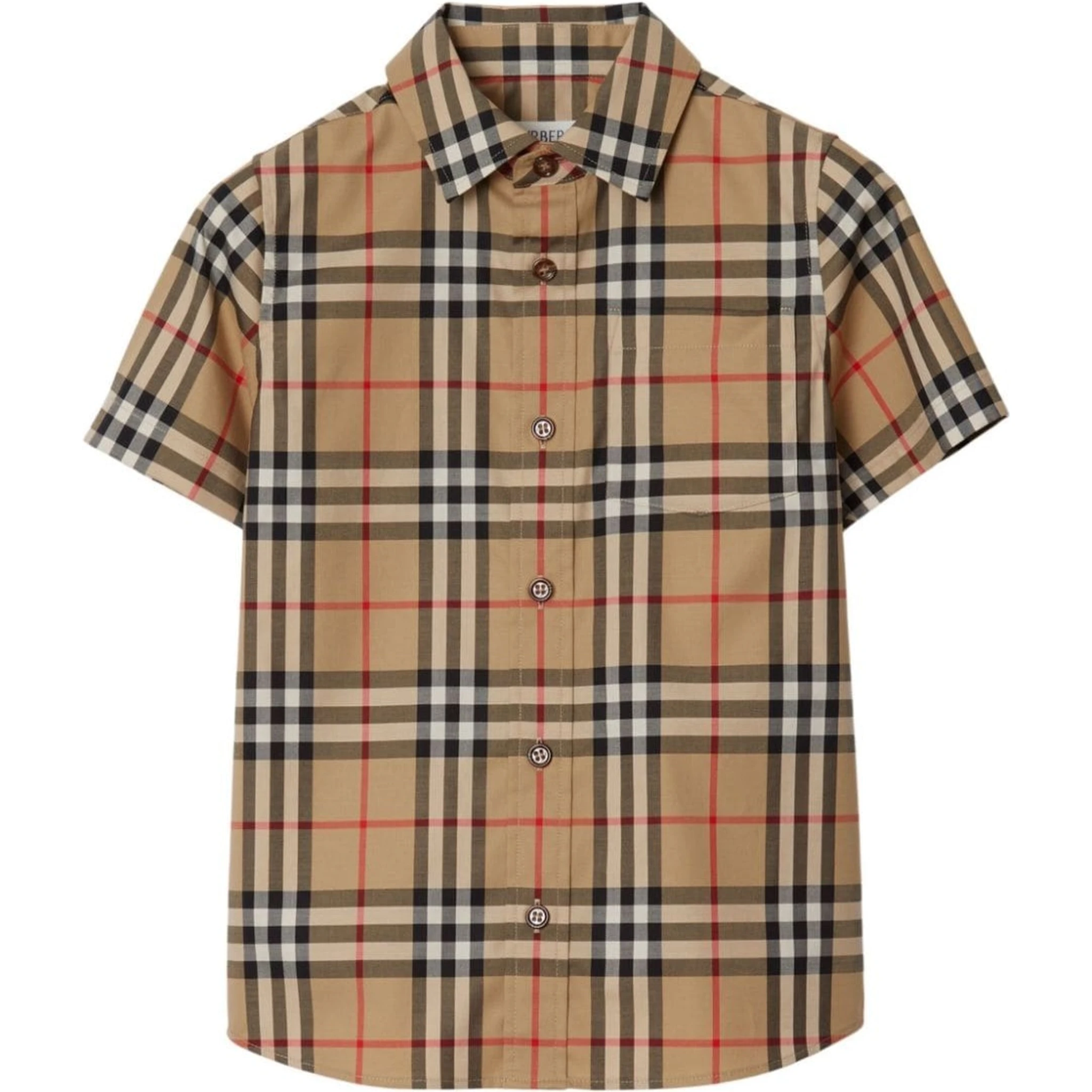 Beige Shirt with All-Over Check Motif in Stretch Cotton Boy