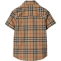 Beige Shirt with All-Over Check Motif in Stretch Cotton Boy