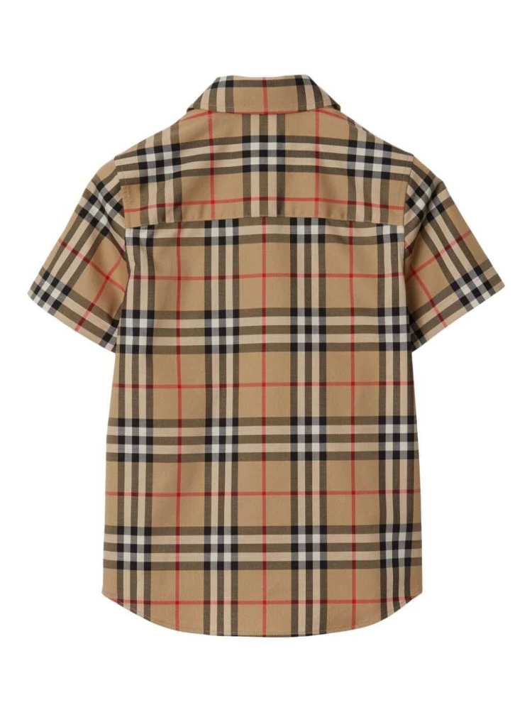 Beige Shirt with All-Over Check Motif in Stretch Cotton Boy alternative