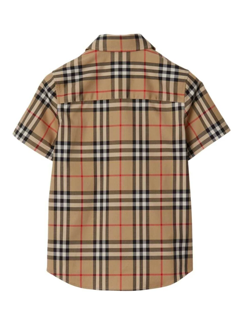 Beige Shirt with All-Over Check Motif in Stretch Cotton Boy