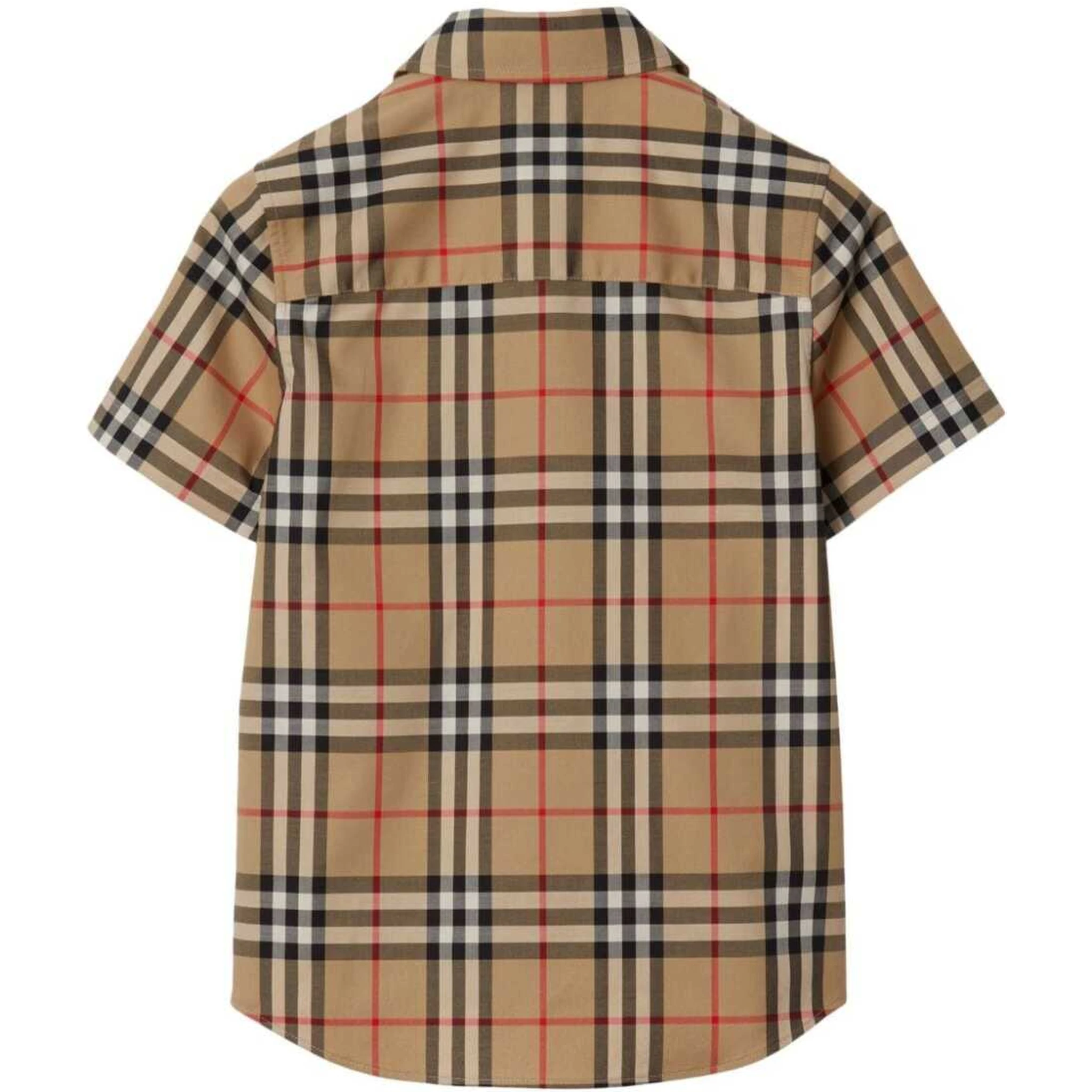 Beige Shirt with All-Over Check Motif in Stretch Cotton Boy