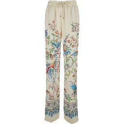 White Pants with Elastic Drawstring Waist and All-Over Floral Print in Tech Fabric Woman