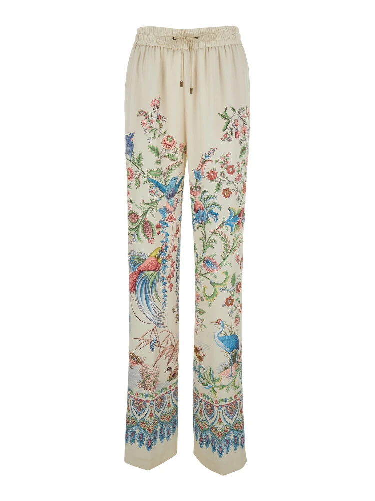 White Pants with Elastic Drawstring Waist and All-Over Floral Print in Tech Fabric Woman