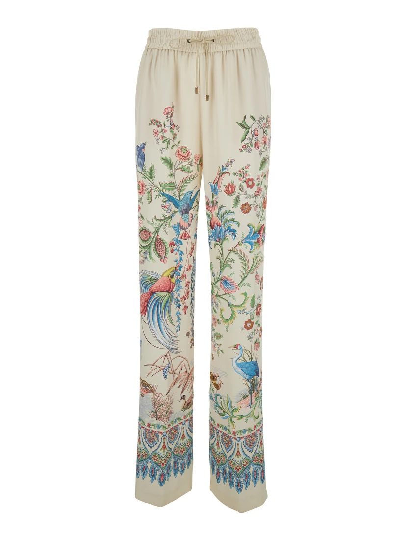 White Pants with Elastic Drawstring Waist and All-Over Floral Print in Tech Fabric Woman