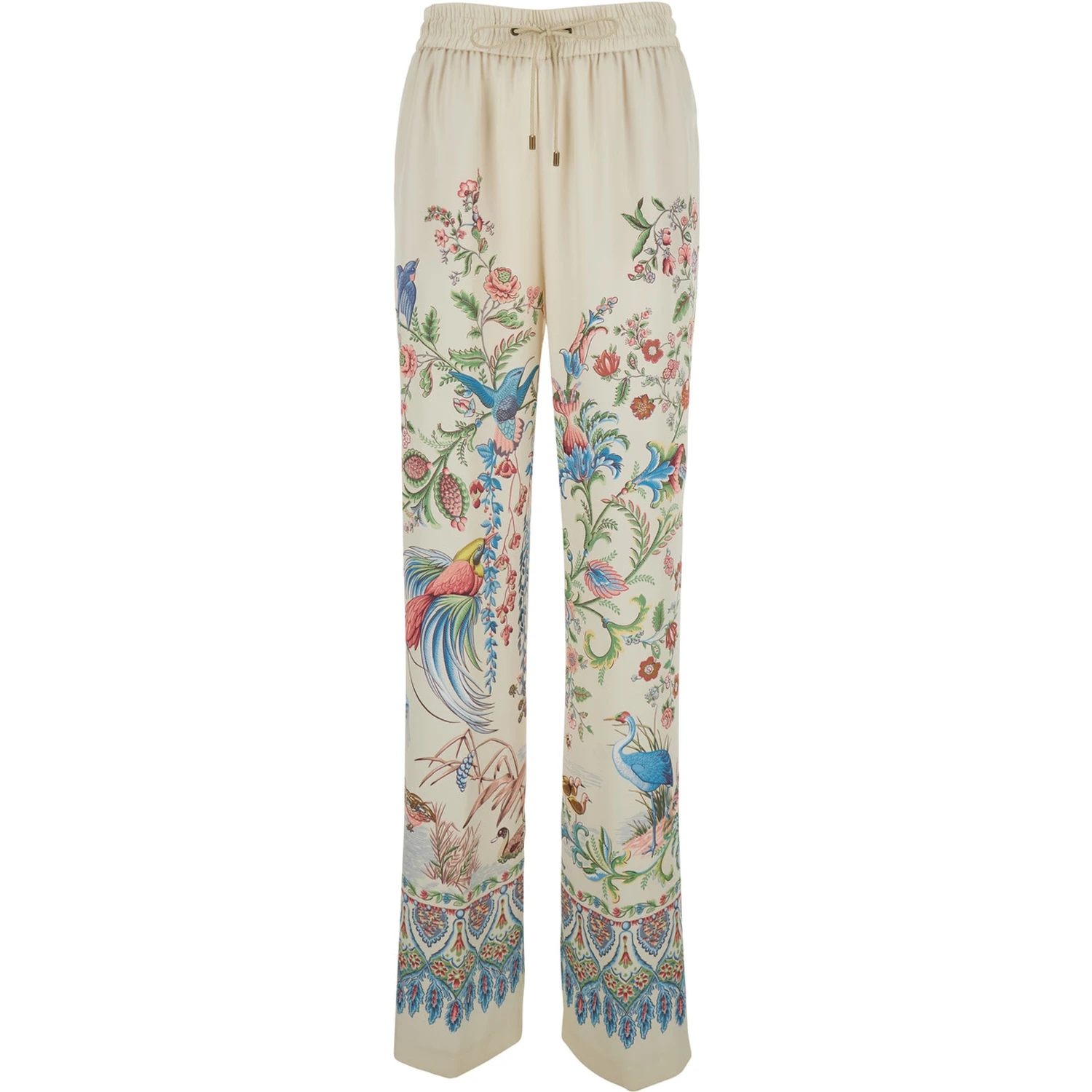 White Pants with Elastic Drawstring Waist and All-Over Floral Print in Tech Fabric Woman