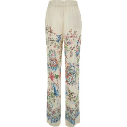 White Pants with Elastic Drawstring Waist and All-Over Floral Print in Tech Fabric Woman