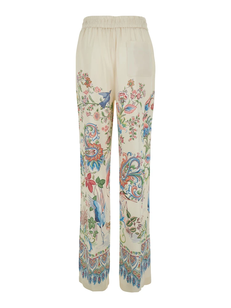 White Pants with Elastic Drawstring Waist and All-Over Floral Print in Tech Fabric Woman alternative