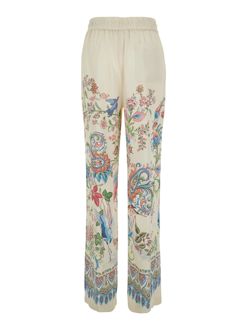 White Pants with Elastic Drawstring Waist and All-Over Floral Print in Tech Fabric Woman