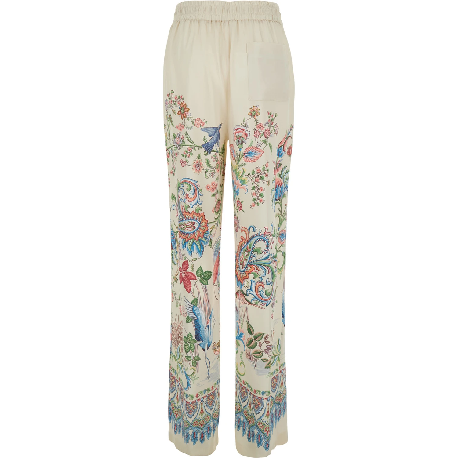 White Pants with Elastic Drawstring Waist and All-Over Floral Print in Tech Fabric Woman
