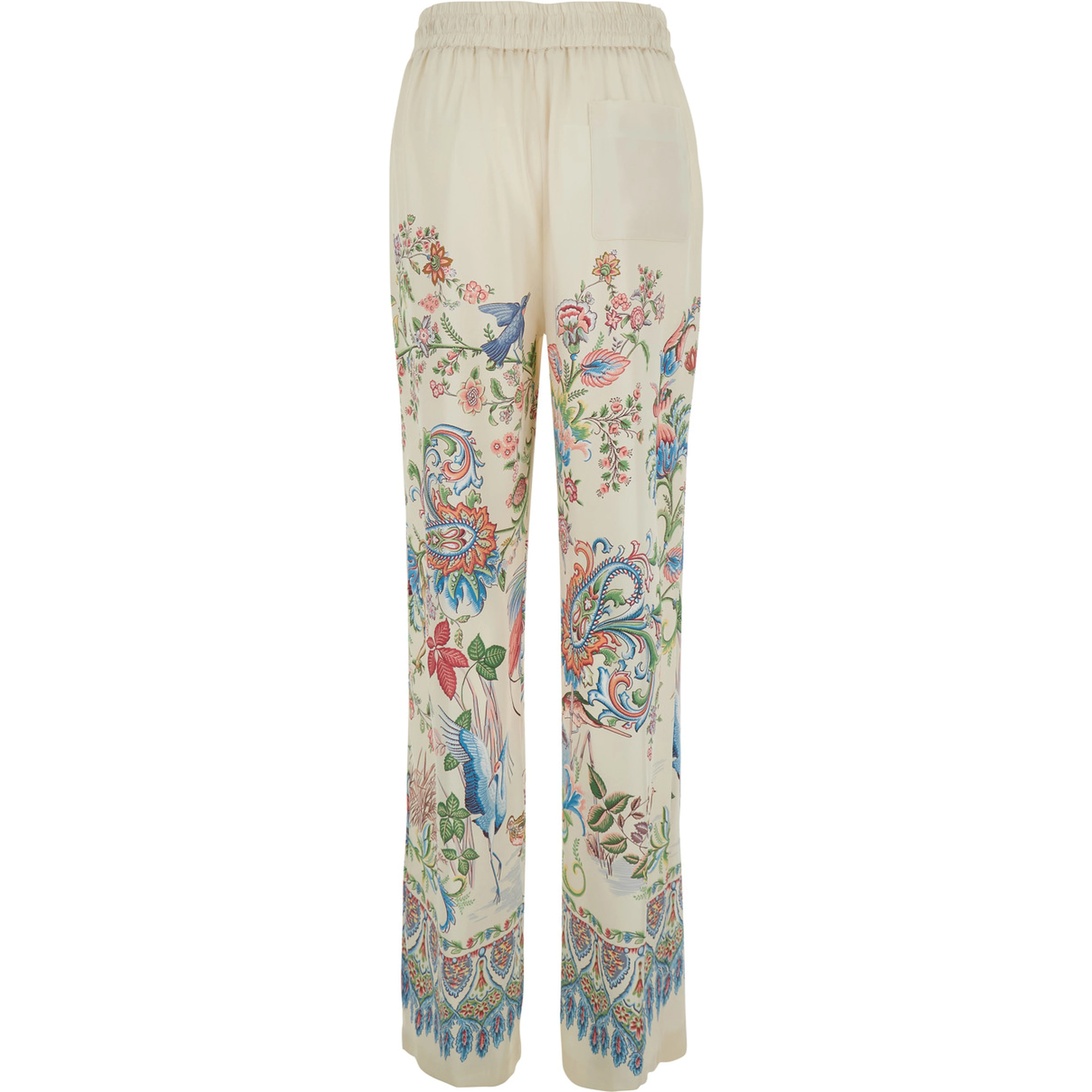 White Pants with Elastic Drawstring Waist and All-Over Floral Print in Tech Fabric Woman