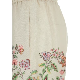 White Pants with Elastic Drawstring Waist and All-Over Floral Print in Tech Fabric Woman