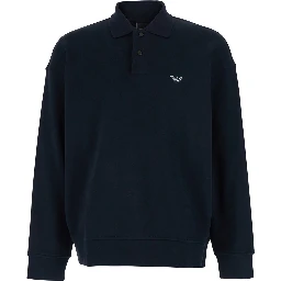 Blue Sweatshirt with Polo Shirt Style Collar and Logo Embroidery on the Front in Cotton Man