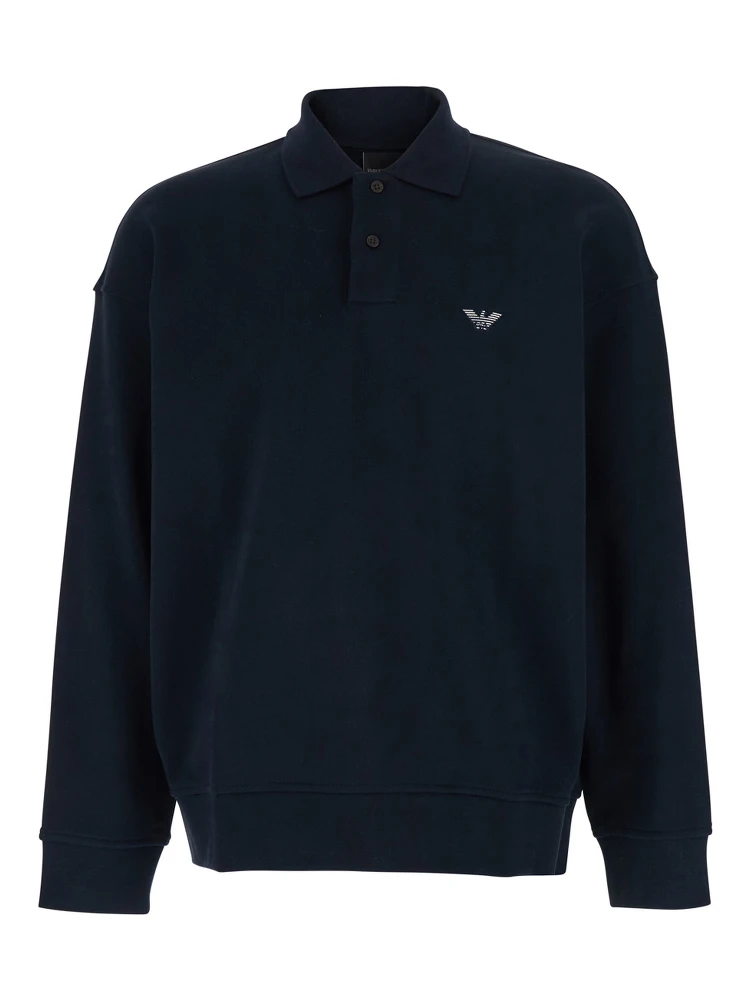 Blue Sweatshirt with Polo Shirt Style Collar and Logo Embroidery on the Front in Cotton Man