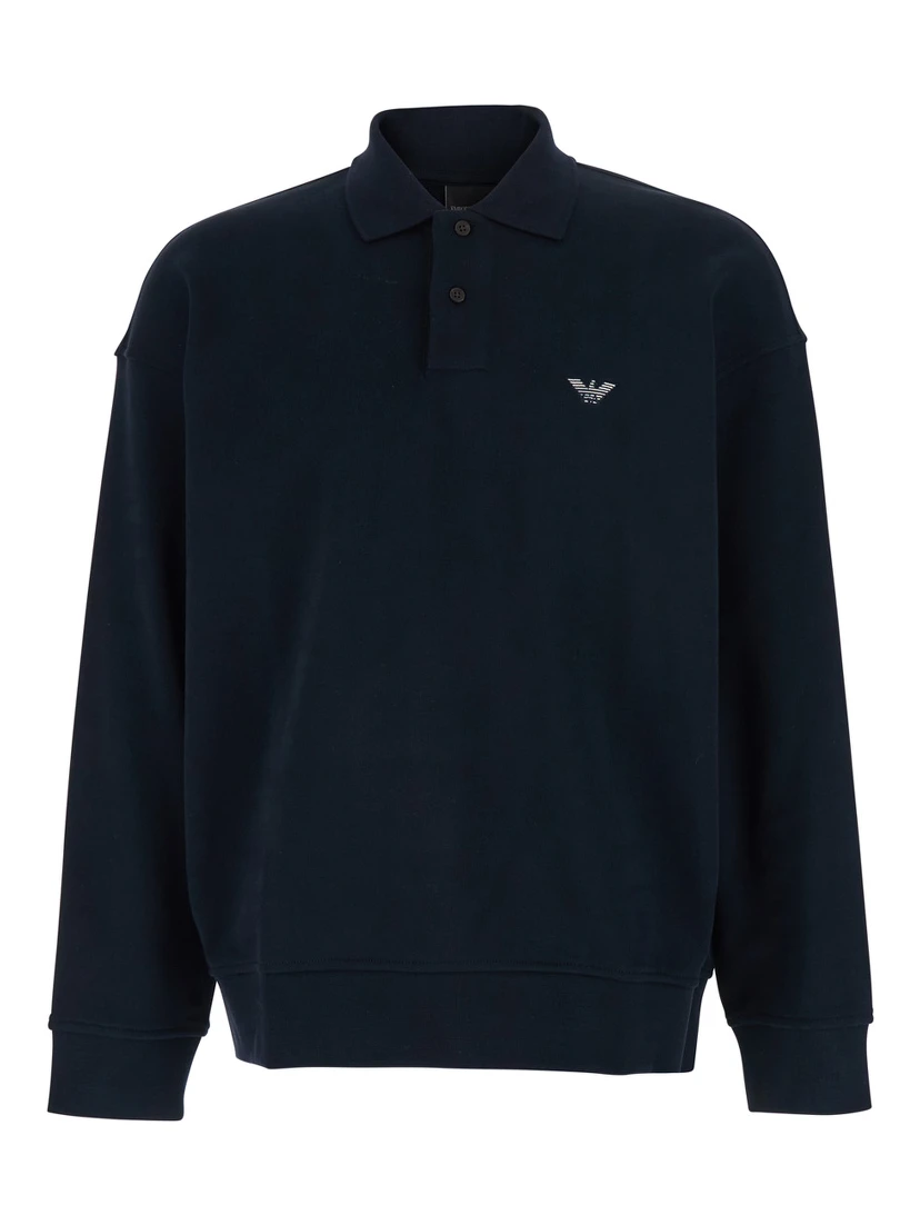 Blue Sweatshirt with Polo Shirt Style Collar and Logo Embroidery on the Front in Cotton Man