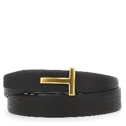 Brown Belt with T-Plaque on the Front in Grained Leather Man