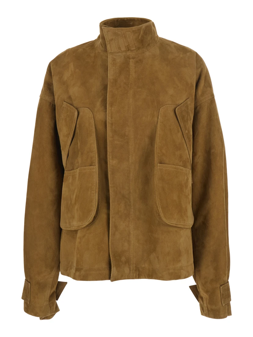 Beige Jacket with High Neck and Logo Patch on the Rear in Suede Woman