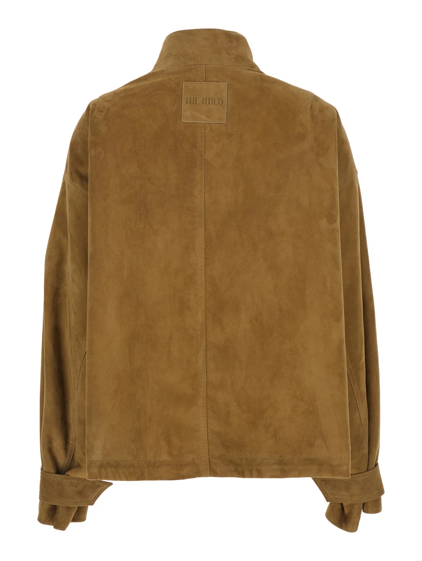 Beige Jacket with High Neck and Logo Patch on the Rear in Suede Woman