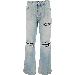 Light Bliue Jeans with Flared Leg and Ripped Details in Denim Man