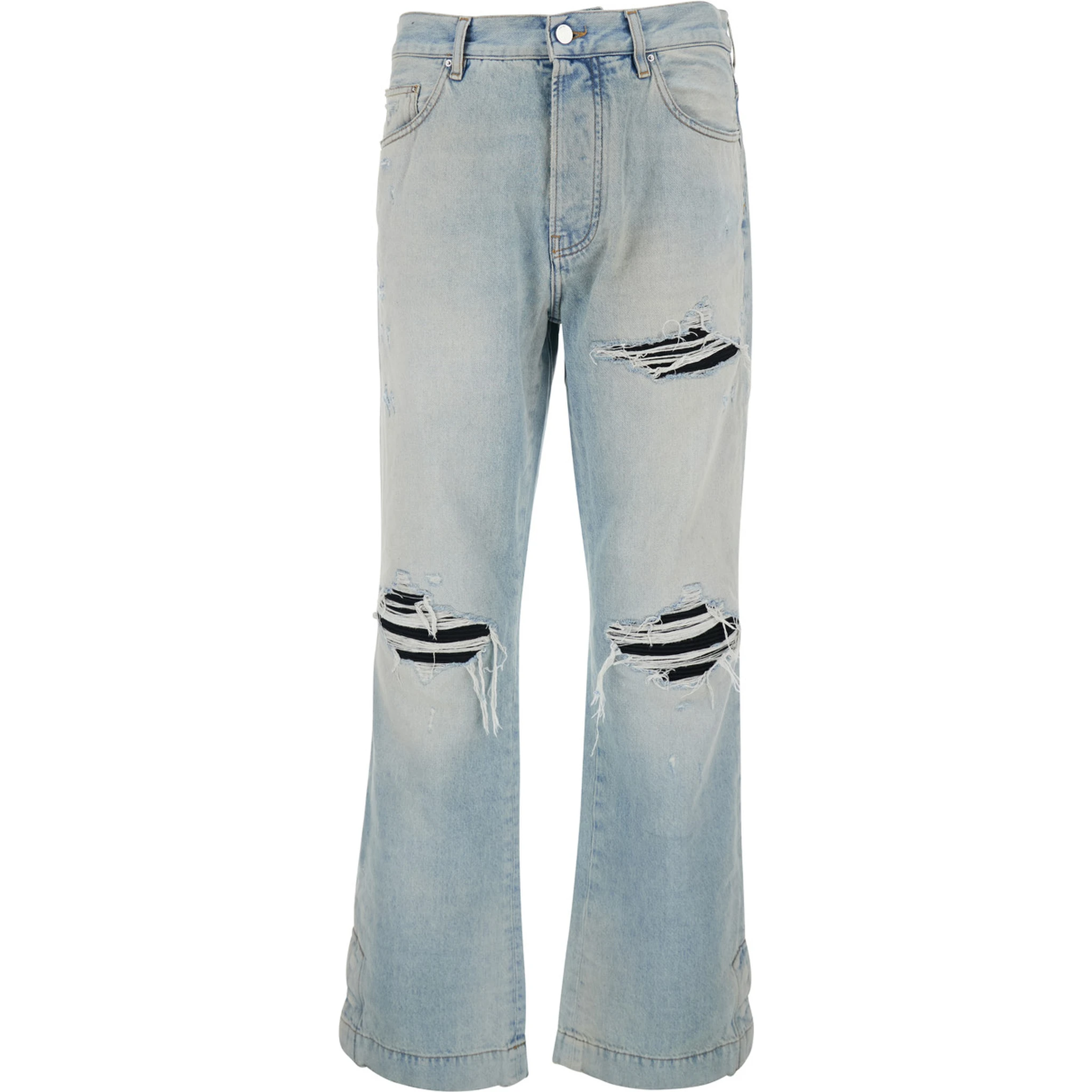 Light Bliue Jeans with Flared Leg and Ripped Details in Denim Man