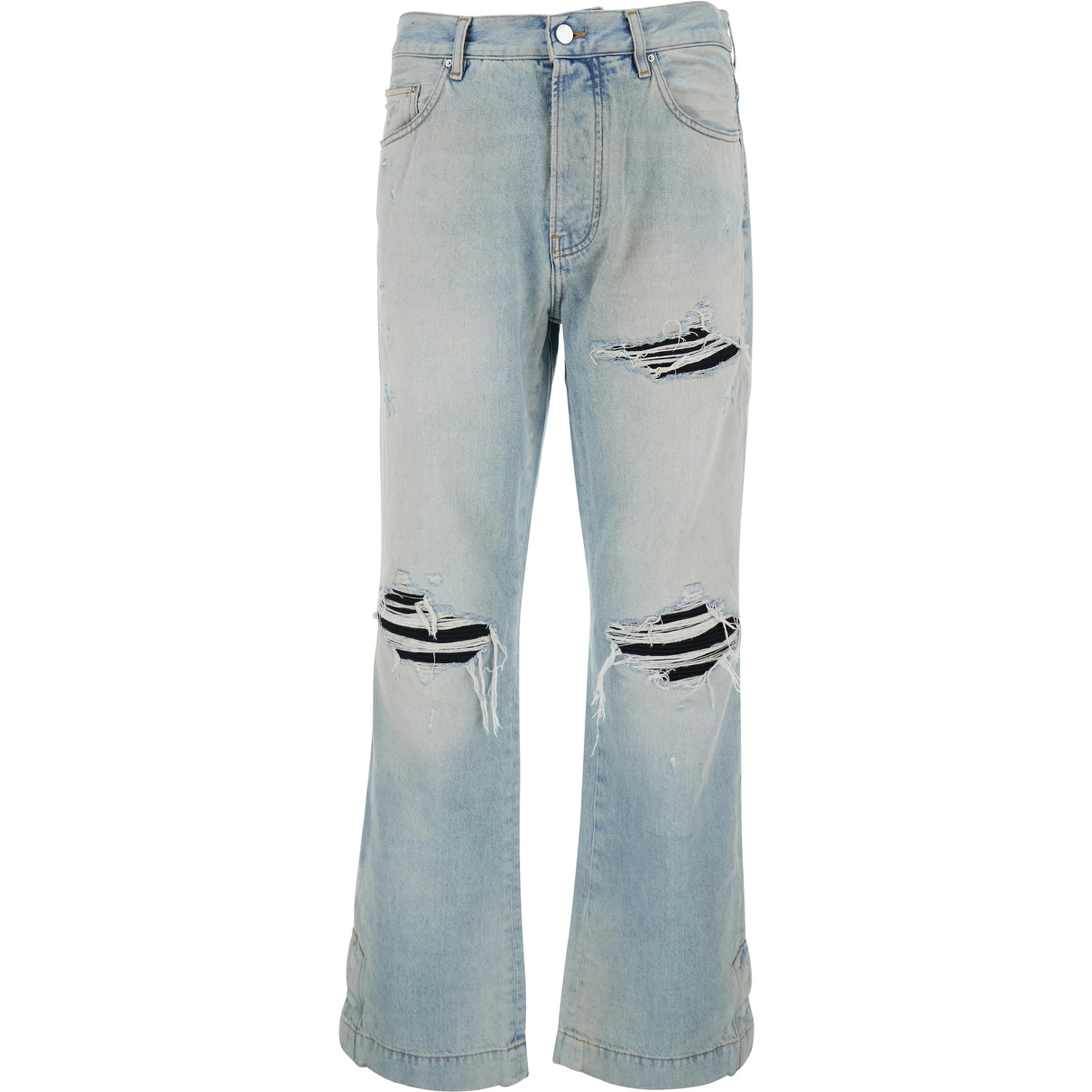 Light Bliue Jeans with Flared Leg and Ripped Details in Denim Man