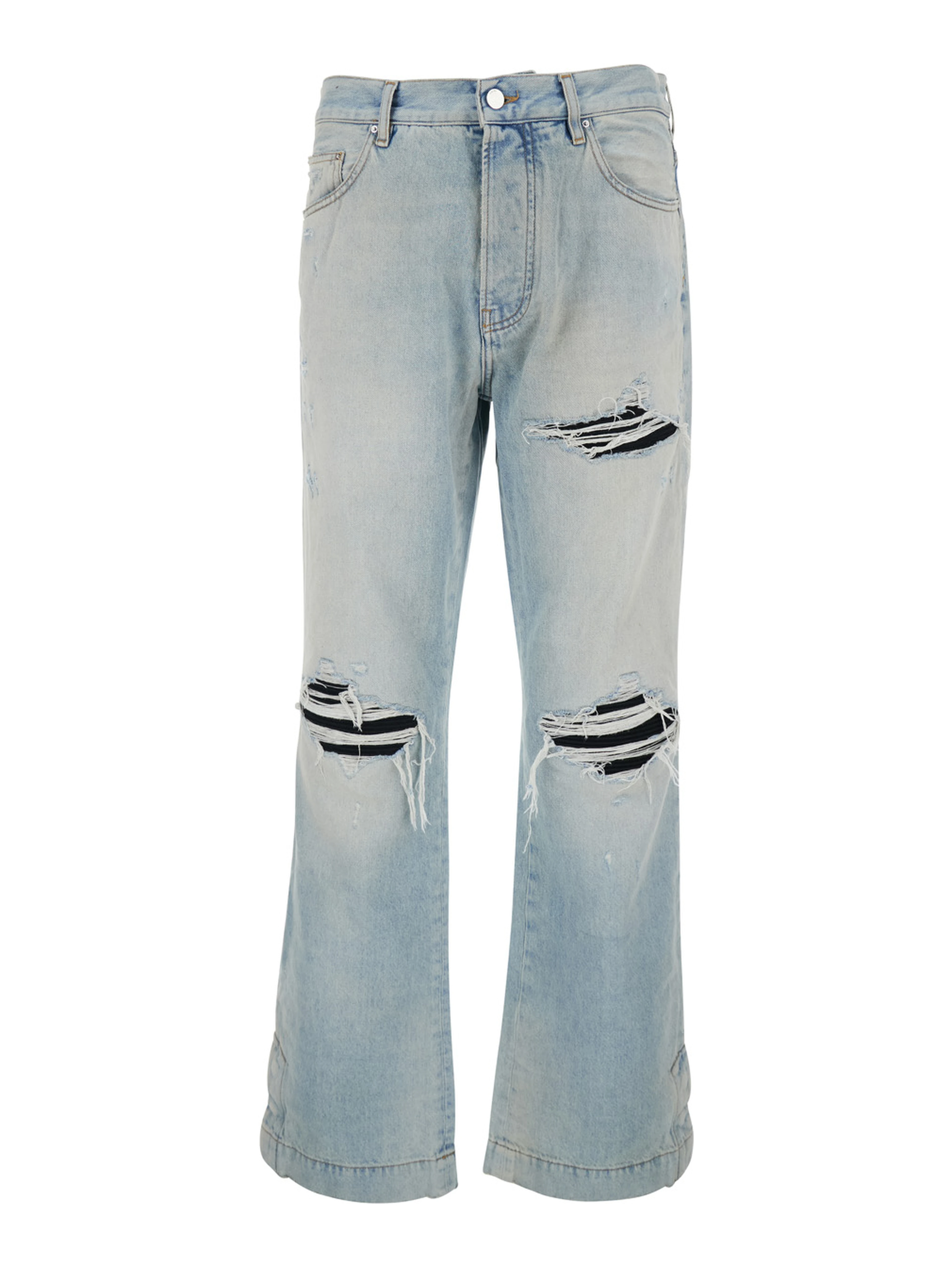 Light Bliue Jeans with Flared Leg and Ripped Details in Denim Man