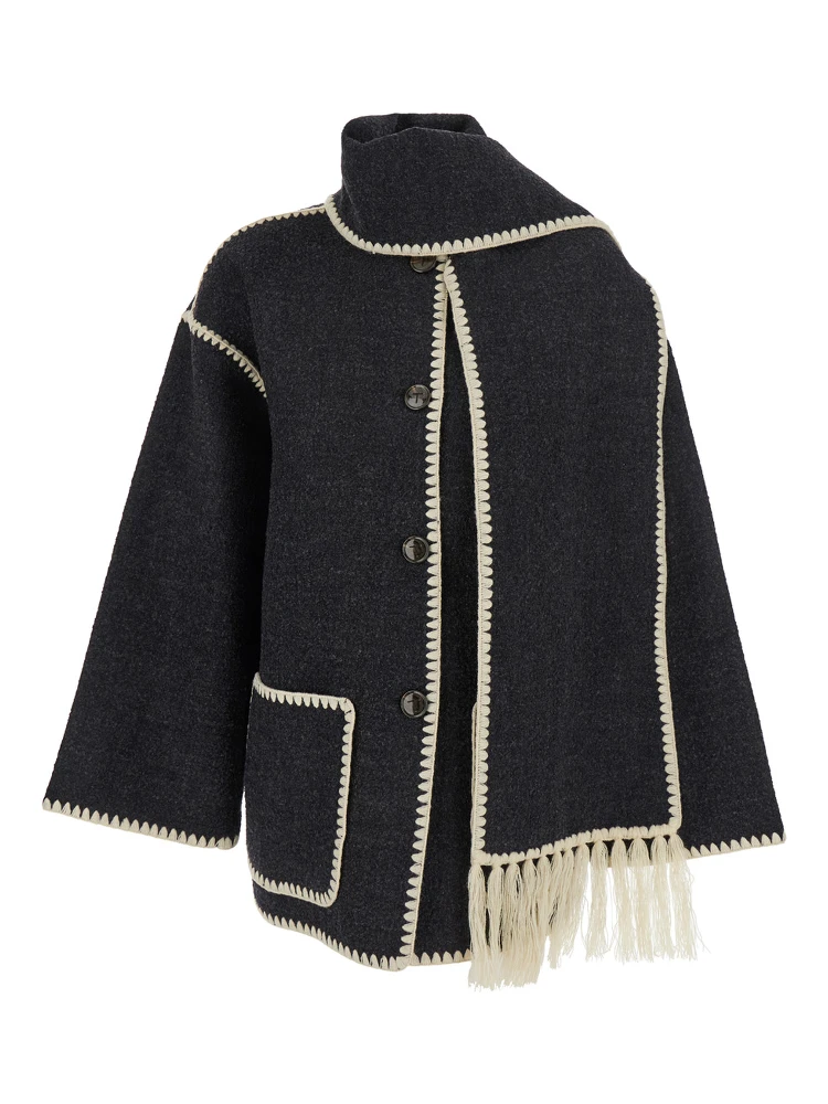Black Jacket with Scarf Detail on the Front in Wool Blend Woman