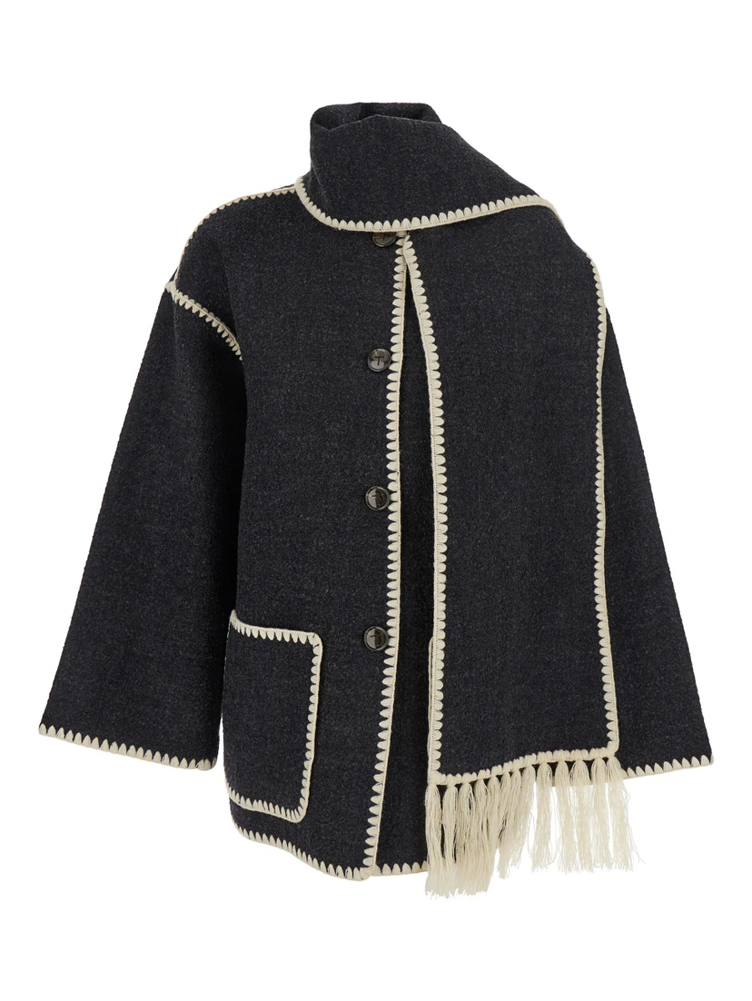 Black Jacket with Scarf Detail on the Front in Wool Blend Woman