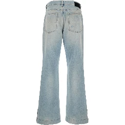 Light Bliue Jeans with Flared Leg and Ripped Details in Denim Man