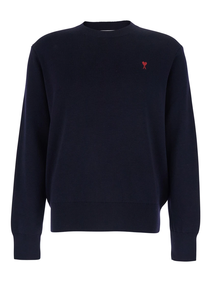 Blue Crewneck Sweater with ADC Embroidery on the Front in Wool Blend Man
