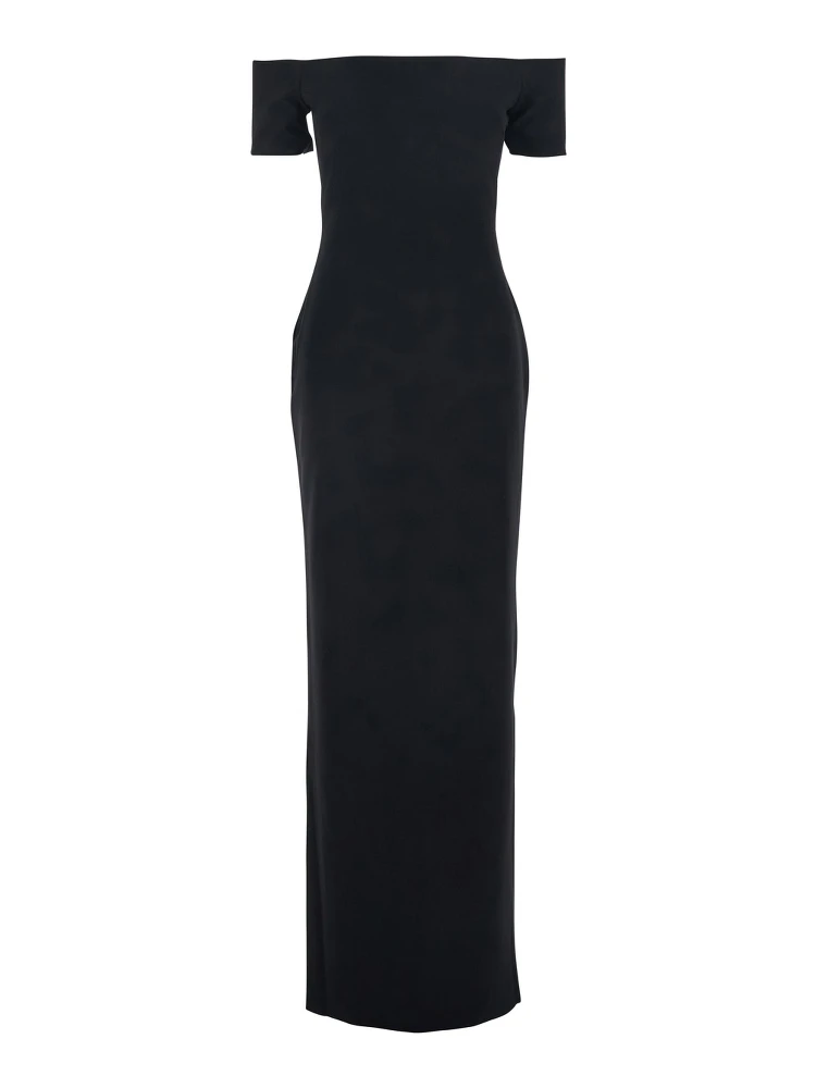 Nile Black Long Dress with Off-the-Shoulder Design and Back Slit in Fabric Woman