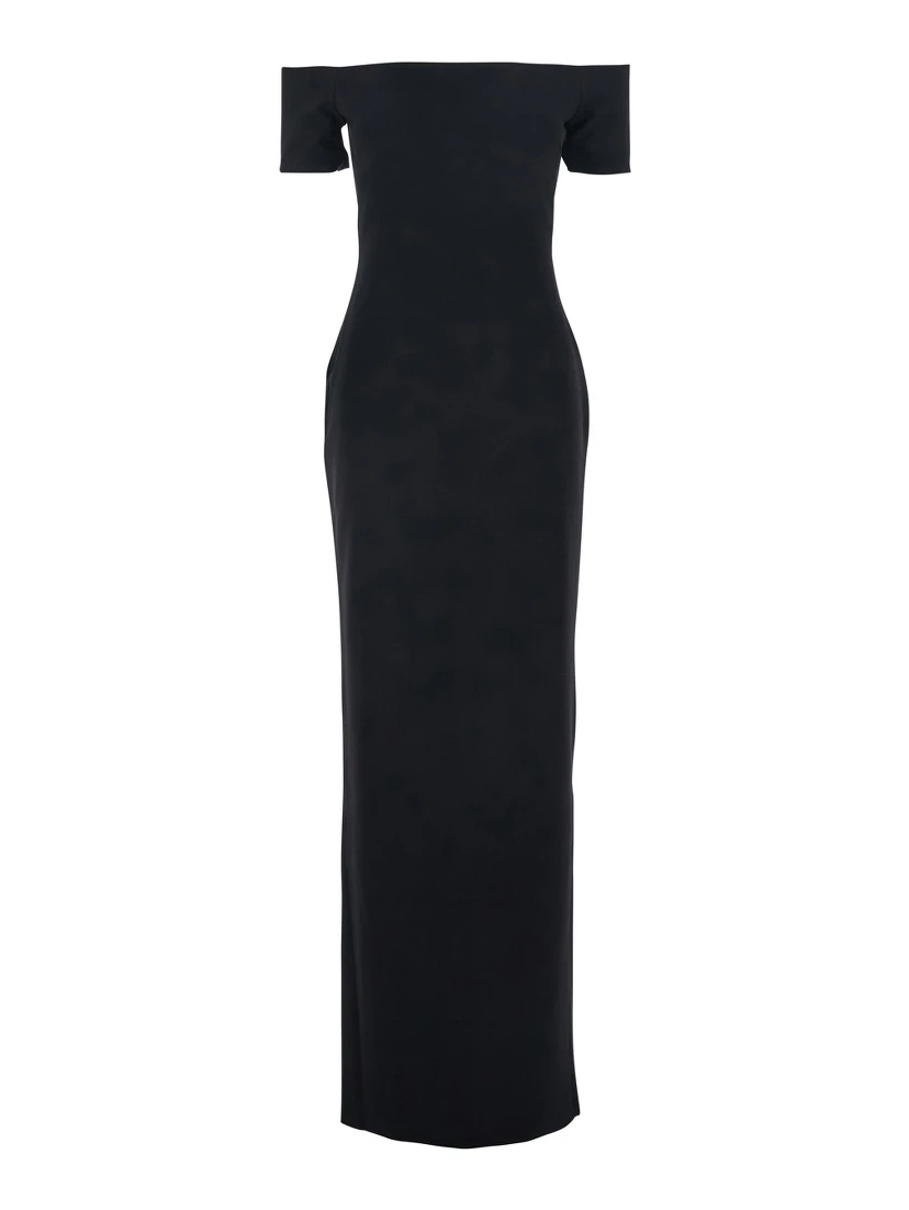 Nile Black Long Dress with Off-the-Shoulder Design and Back Slit in Fabric Woman