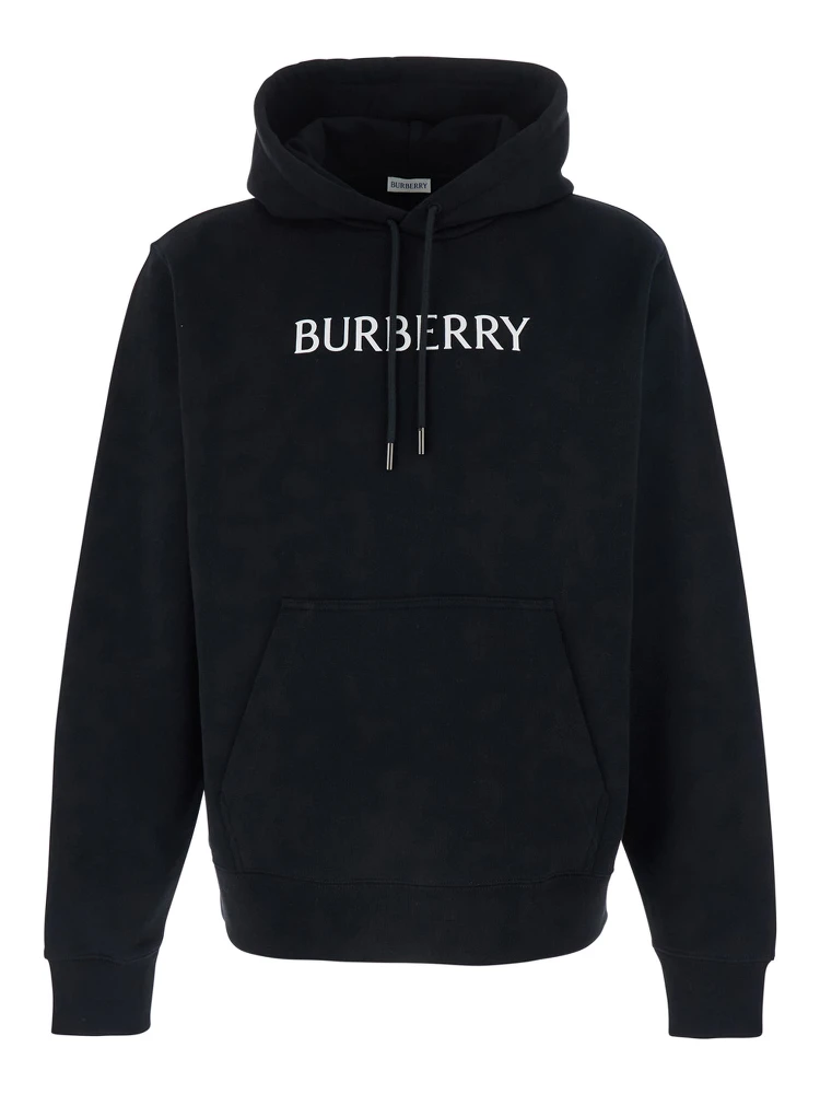 Black Hoodie with Drawstring Hood and Logo Lettering on the Front in Cotton Man