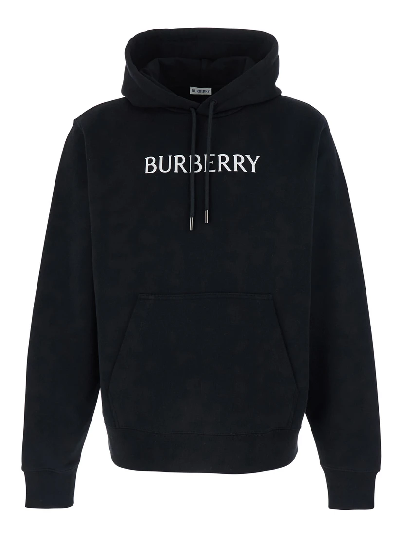 Black Hoodie with Drawstring Hood and Logo Lettering on the Front in Cotton Man
