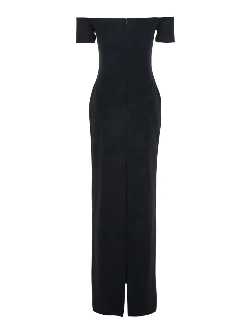 Nile Black Long Dress with Off-the-Shoulder Design and Back Slit in Fabric Woman