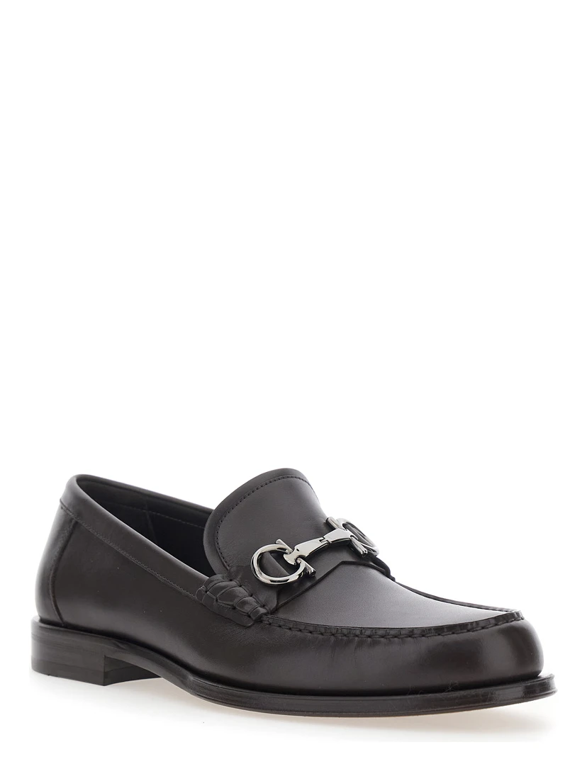 Brown Loafers with Metallic Gancini Detail on the Front in Leather Man