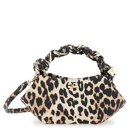 Bou Brown Mini Handbag with Braided Handle and All-Over Leopard Motif in Fabric Woman