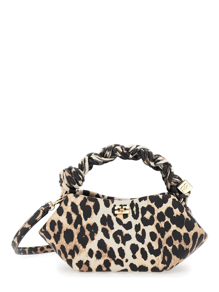 Bou Brown Mini Handbag with Braided Handle and All-Over Leopard Motif in Fabric Woman