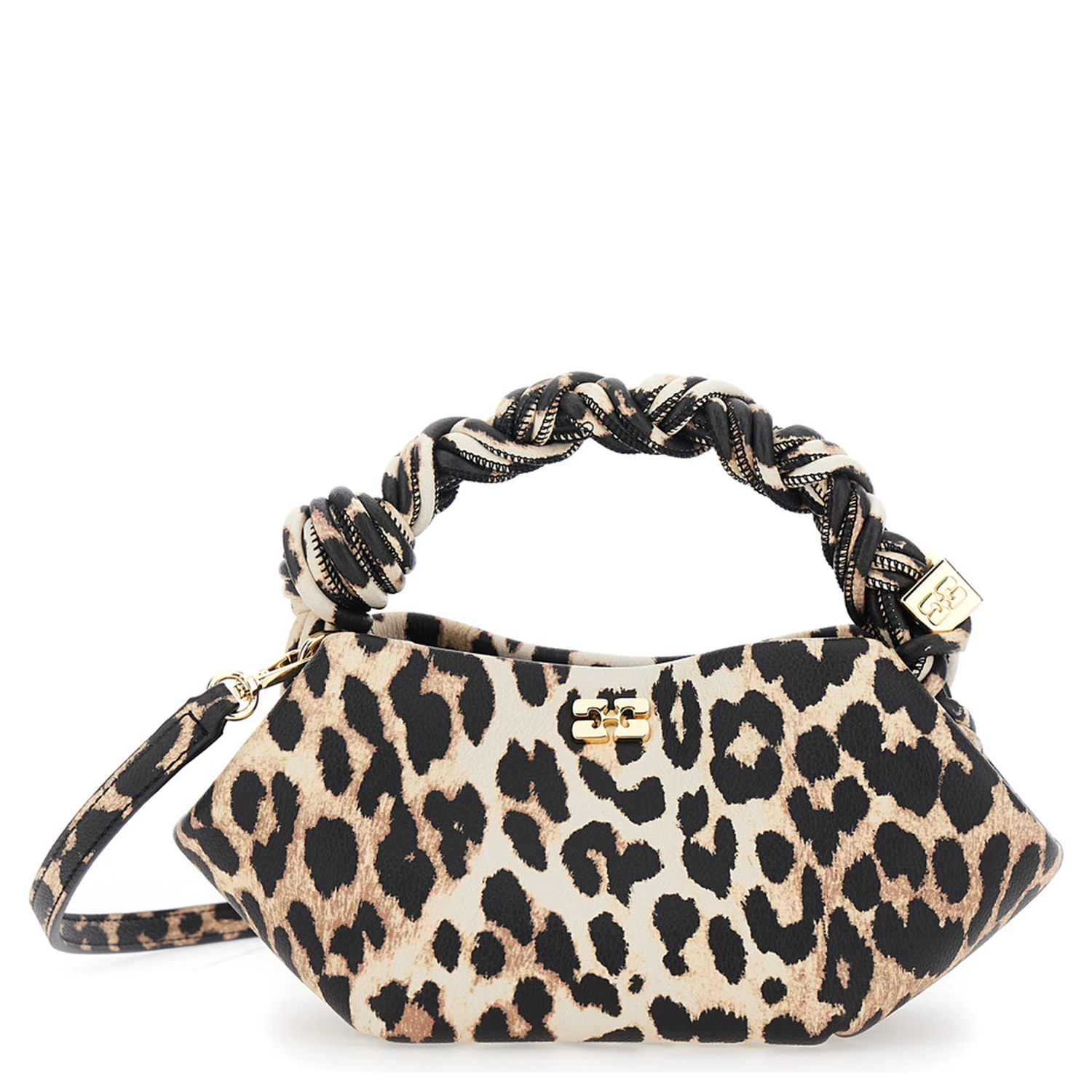 Bou Brown Mini Handbag with Braided Handle and All-Over Leopard Motif in Fabric Woman